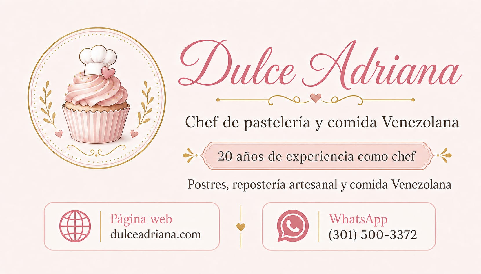 Tarjeta de presentación de Dulce Adriana, chef de pastelería, con página web y WhatsApp
