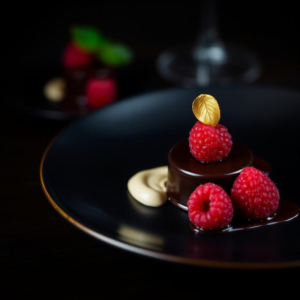 Postre gourmet de chocolate con frutos rojos